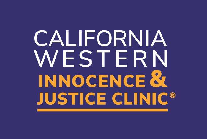 On a purple background, the logo for the newly renamed California Western Innocence & Justice Clinic. California Western is in white, large lettering. Innocence & Justice Clinic are in bold orange lettering with an underline.