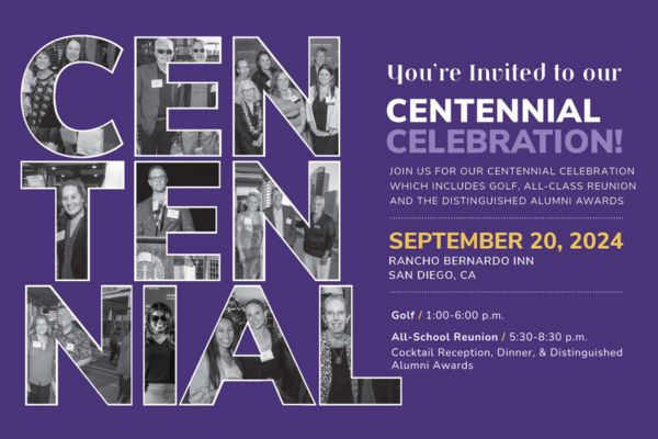 An image with "Centennial" spelled out featuring black and white photos of various alumni in the letters. The event details listed are also present on the purple slide with gold accents.