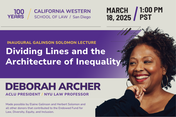 A gray and purple graphic with gold details and decorative lines features Deborah Archer's headshot. She wears a black blouse, red lipstick, gold hoops and smile as she looks into the distance. The graphic features all of the event details listed in the the event description.