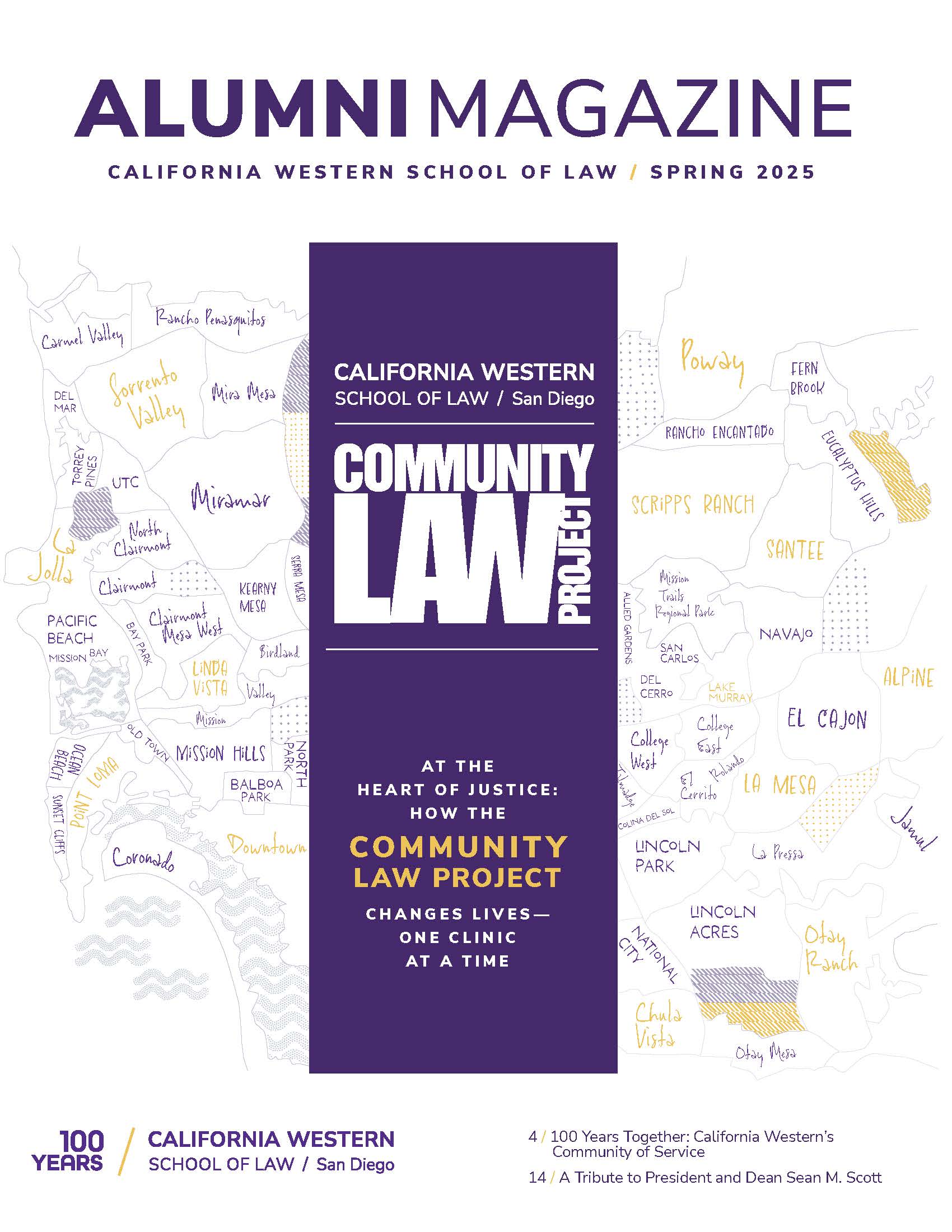 Cover page of the Spring 2025 features "Community Law Project" and San Diego neighborhoods.