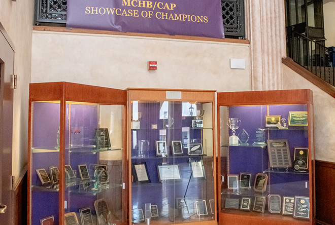 Trophy case of moot court honor board and competitive advocacy program