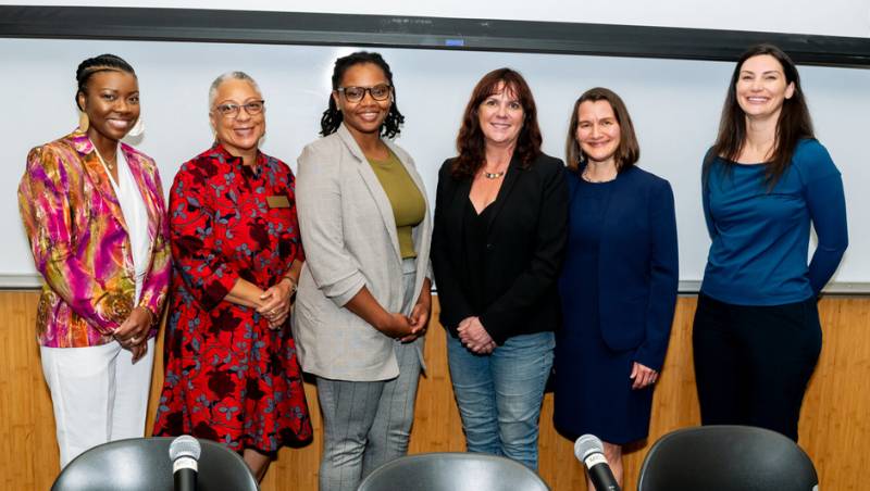 CWSL hosts panel discussion on algorithmic justice. Panelists (from left to right): Maresa Talbert '17, Dean Sean Scott, Alexis Hancock, Corynne McSherry, and Jessica Gross '17