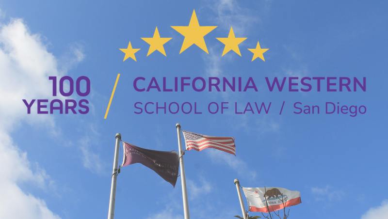 California Western School of Law centennial logo; flags of the U.S., California, and CWSL against blue sky