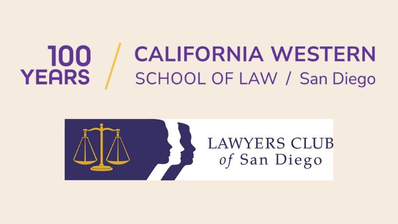 California Western School of Law centennial logo and Lawyers Club of San Diego logo