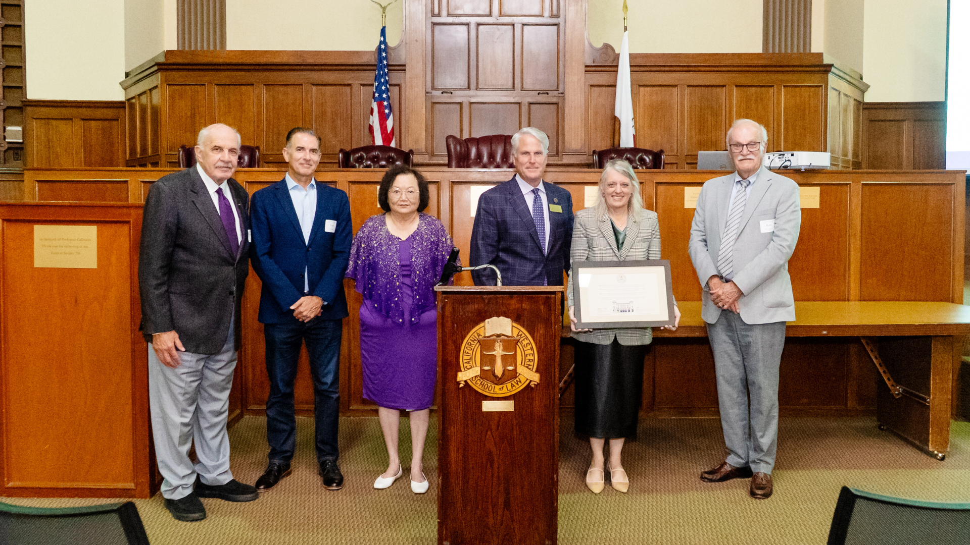 CWSL Board of Trustees Members, Roy Bell, Thomas Lofaro, Sally Wong Avery, Michael Whitton, Dean Miriam Baer, and Kenneth Greenman