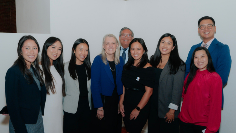 California Western students pictured with Dean Miriam Baer, Associate Director of Student Affairs Jeff Chinn, and new KABA-SD board members Paul Yim ’25 and Sarah Yee ’26. 