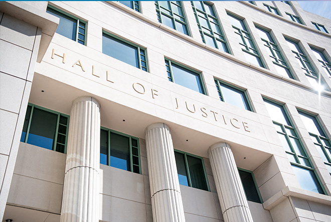 exterior of Hall of Justice building in downtown San Diego